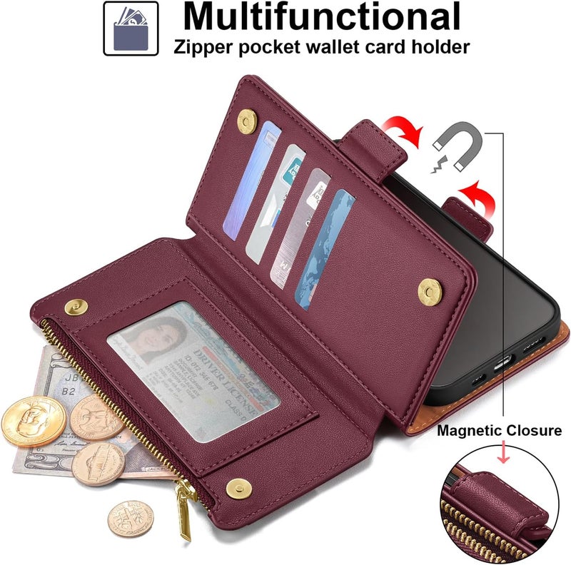 Antsturdy Compatible with iPhone 16 Pro Max Wallet Case,RFID Blocking PU Leather Phone Case Women Men Kickstand flip Cover Wrist Strap Zipper Credit Card Holder Slots for Apple 16 ProMax,Wine Red - Image 4